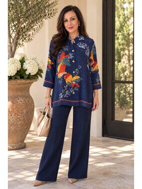 Citron Santa Monica 0X Koi Fish Blouse Art to Wear Chinoiserie Mandarin Boho